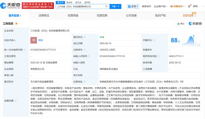 三只松鼠在安徽无为成立供应链管理公司